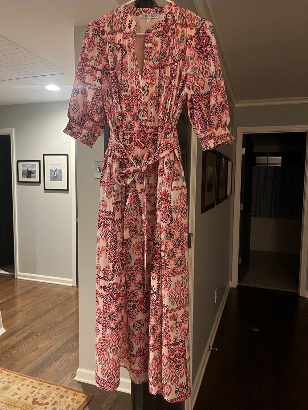 Joy Joy Pink Cream Floral-Geometric Maxi Dress with Tie Waist